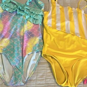 Justice Girls Mermaid Scale Aqua & Bright Yellow One-Piece Swim Set